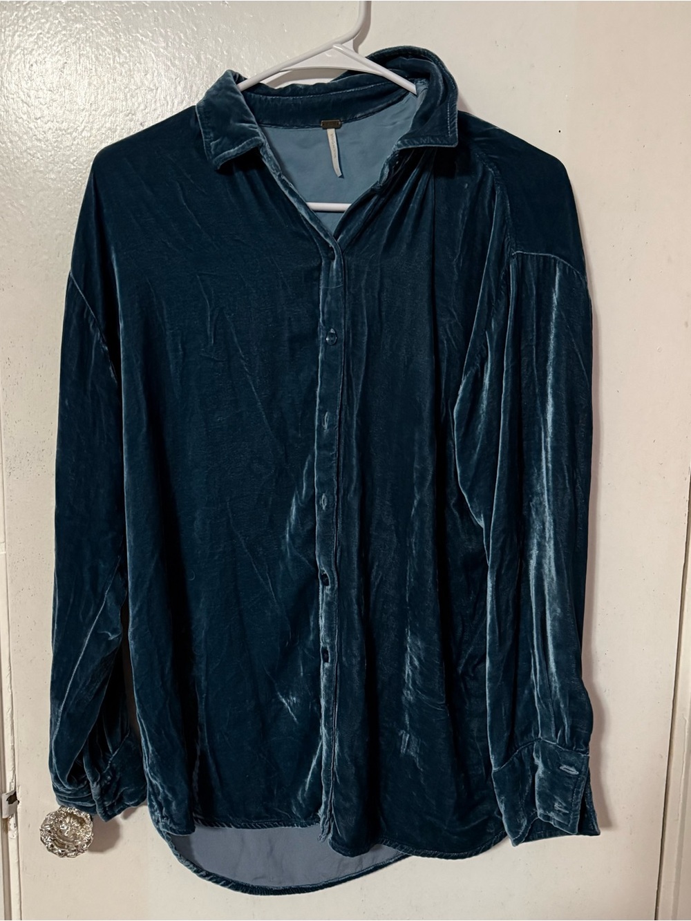 Young Fabulous & Broke Velvet Button-Down Shirt in Teal Blue